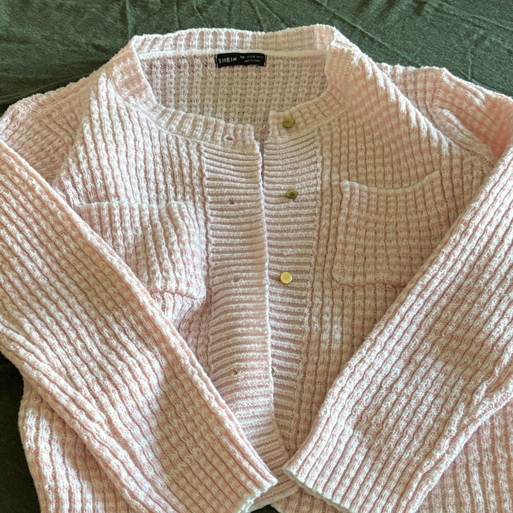 SHEIN Light Pink Waffle Knit Cardigan with Gold Buttons